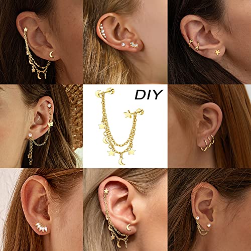 FIBO STEEL 20G Cartilage Earrings Set for Women Huggie Hoop Earrings Flat Back Earrings Star Moon Butterfly CZ Cartilage Stud Earrings Chain Dangle Helix Tragus Piercing Jewelry2