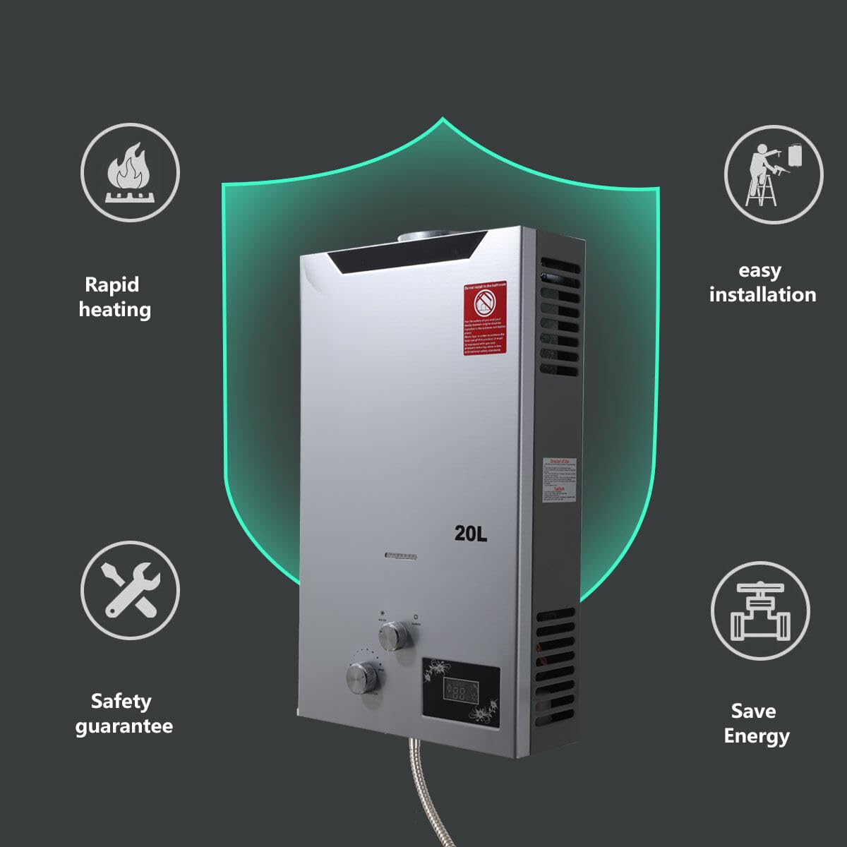 20L Gas Durchlauferhitzer,40KW LPG Warmwasserbereiter Instant Heißwasserbereiter Flüssiggas Durchlauferhitzer Warmwasserspeicher mit Plating-Duschkopf-Set,Silber