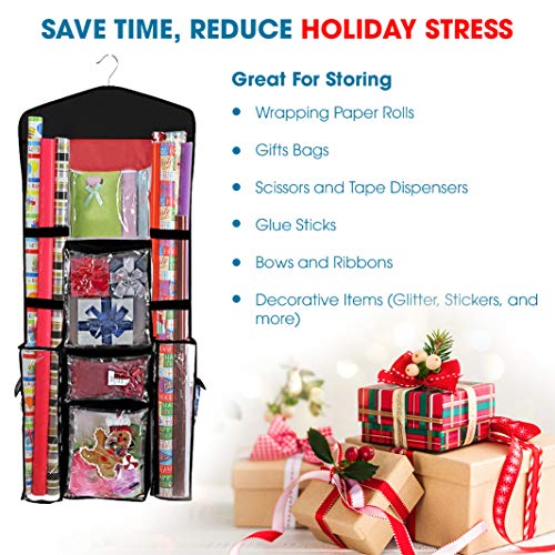 ProPik Hanging Double Sided Wrapping Paper Storage Organizer With Multiple Pockets Organize Your Gift Wrap, Gift Bags Bows Ribbons 40"X17" Fits 40 Inch Rolls Clear PVC Bag (Black) by ProPik - Image 5