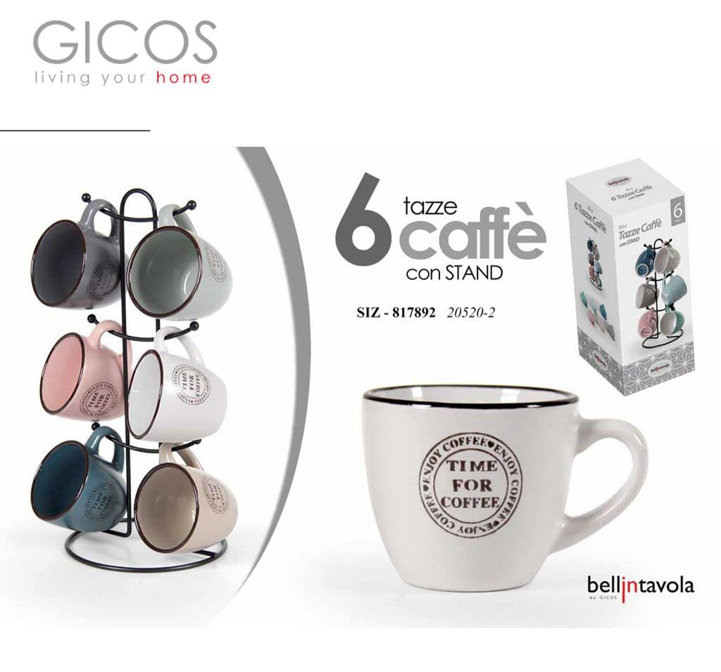 Set da 6 Tazzine da 90cc con Manico, in Colori Assortiti in Porcellana, con Supporto Stand in Metallo, per Colazione, caffè,Espresso, Latte, tè, Cappuccino, Lavabili in lavastoviglie,portatazze