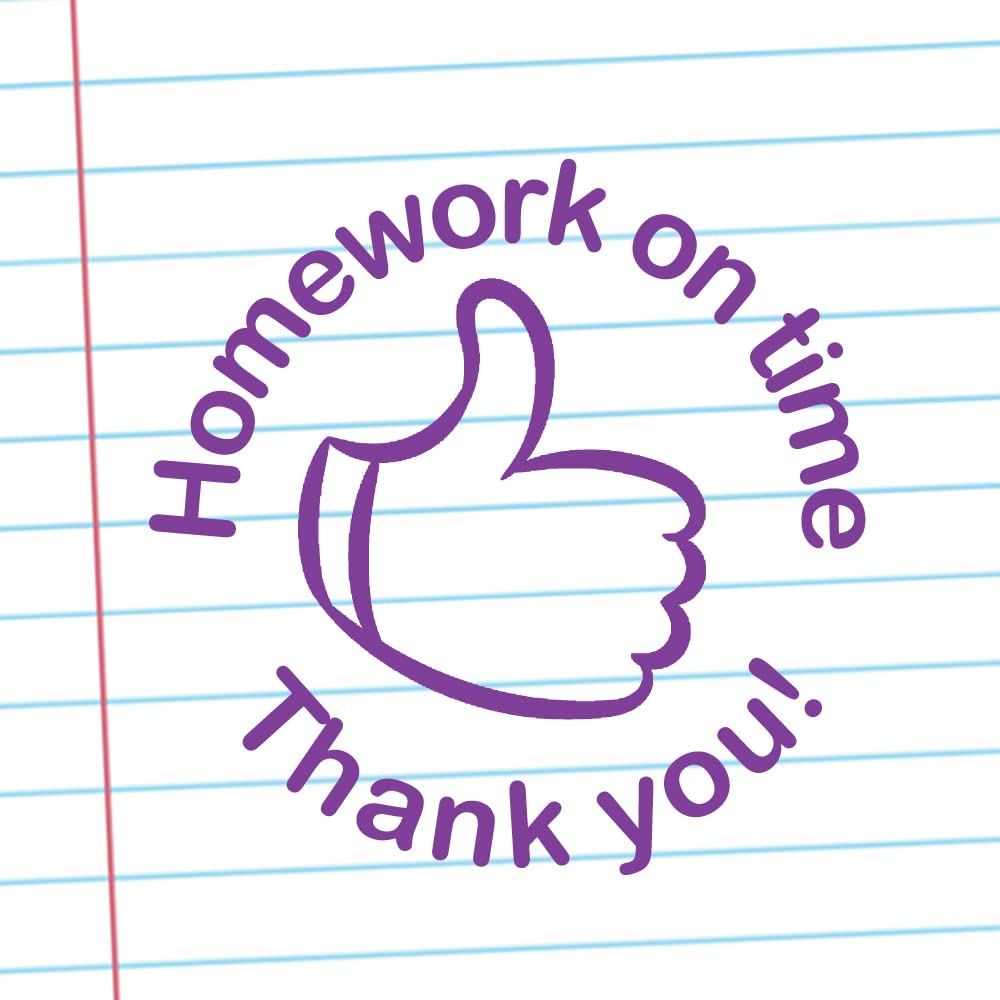 Purple Homework On Time. Thank You! Teacher Stamp. Self-Inking, 22Mm, Reinkable, Quality Stamper For Marking And Praise. Ink