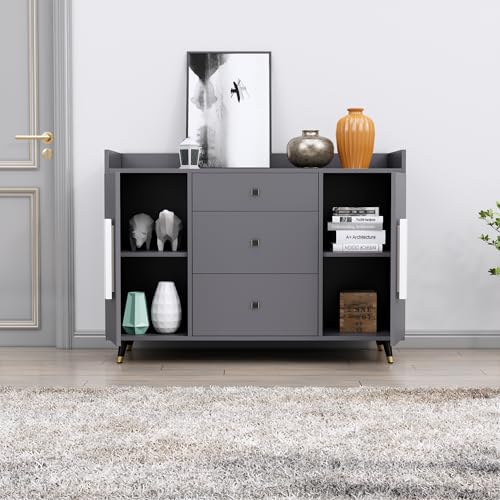 Image of Bniture Wooden Sideboard Cabinet for Living Room | Wooden Storage Cabinet with 2 Door & 3 Drawer | Engineered Wood Multipurpose Cabinet with Spacious Shelves for Home & Office | Slate Grey