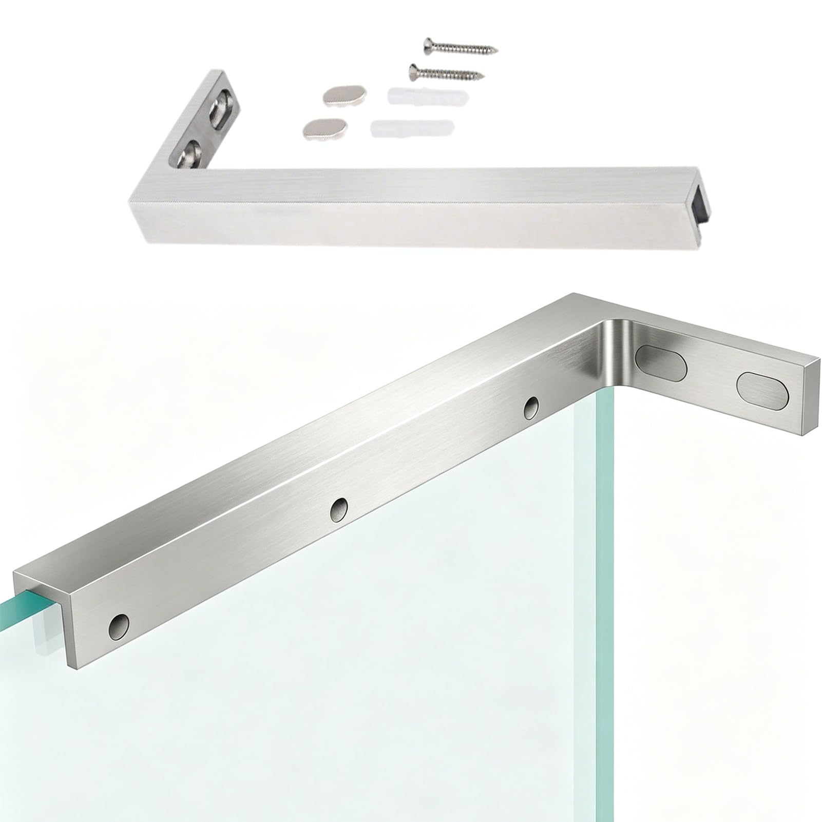 Barra de Soporte para mampara de Ducha, Soporte en L Impermeable para Panel de Vidrio, Abrazadera Estable de Pared a Vidrio, Acabado Plateado Pulido para Cabina de Ducha - 340 mm de Longitud