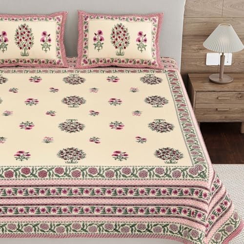 Image of Living Roots Ethnic Jaipur Block Print Double Cotton Bedsheet & 2 Pillow Covers, for Mattress Upto 6 inches Thick, No Colour Bleeding, Pink Colour, King Size 90 * 108 inches, 120TC (614-A)