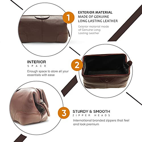 Image of Kara Obama Tan Leather Toiletry Bag for Men & Women | Multipurpose Travel Organizer Pouch | Shaving Kit Bag | Makeup Cosmetic Pouch | Waterproof Toiletries Kit for Travel