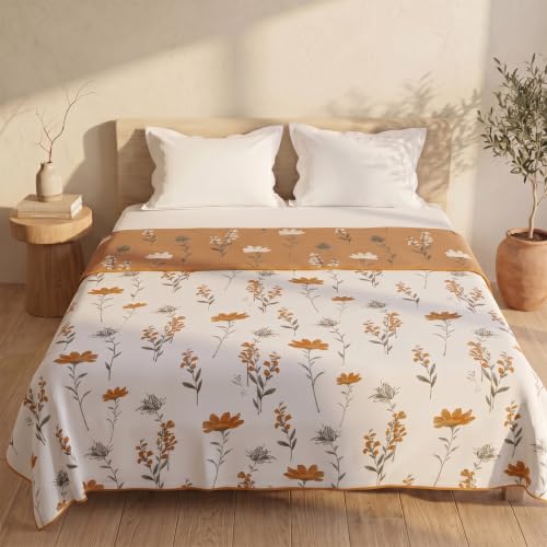Image of HUESLAND 100% Cotton Reversible Dohar Double Bed Cotton | Soft Cambric Weave, All Weather Light AC Blanket | 86 x 94 inches, Floral - Tangerine Orange & White