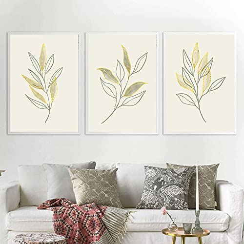 Cuadros botánicos boho para salón elegantes en tríptico abstracto de plantas de oro de 70x100