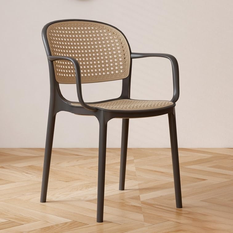 Rattan Dining Chair - Stackable Garden Arm Chair with Backrest, Lightweight Portable Kitchen & Office Chair, Ideal for Indoor and Outdoor Use