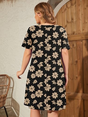 Image of AusLook Plus Size Midi Dress for Women V Neck Short Sleeve Summer Casual Loose Fit Vacation Sundress with Pockets 1X-5X