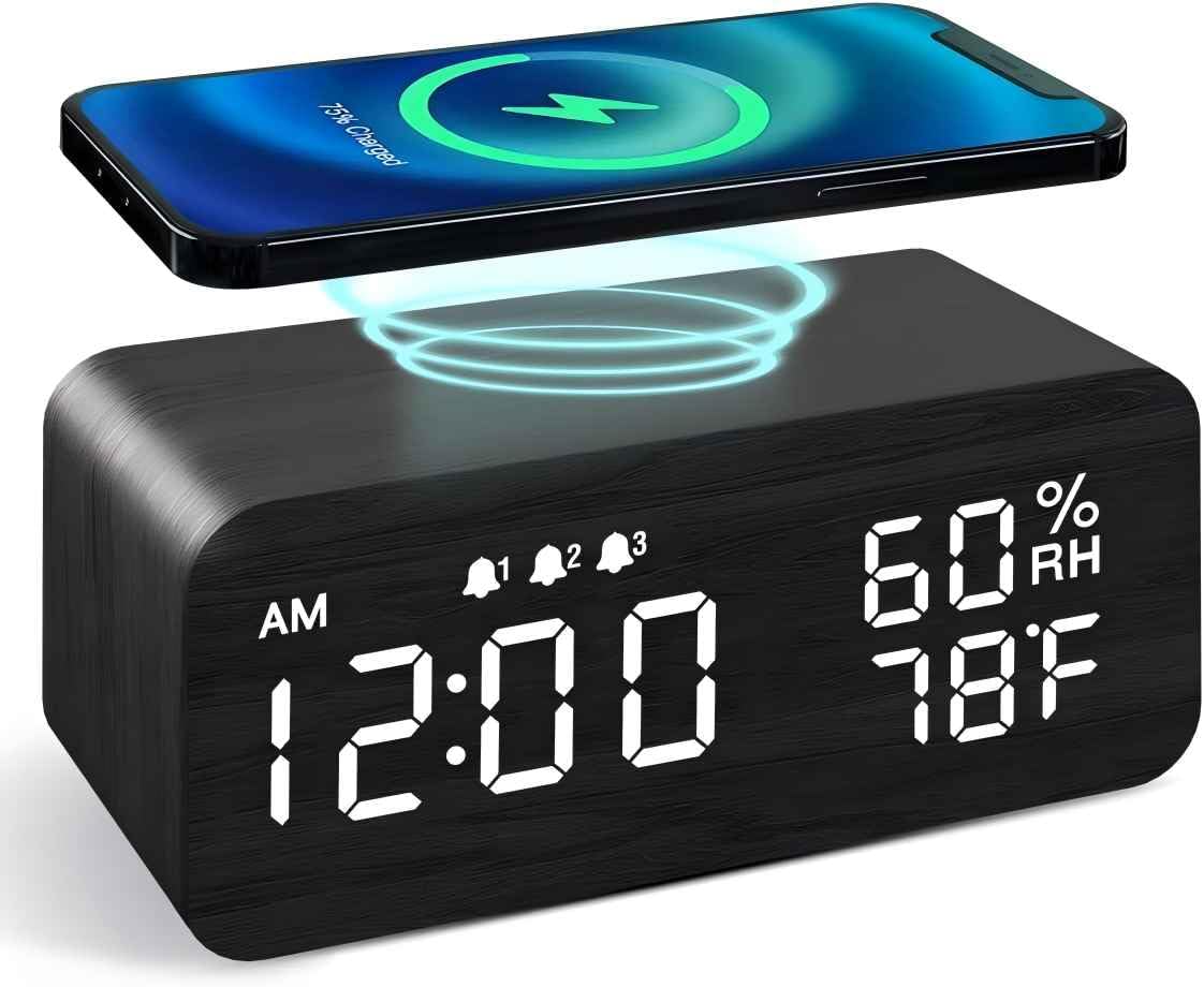 Wooden Alarm Clock for Bedroom, LED Wooden Charging Alarm Clock,12/24H Time Display,Temperature Display, Dual Alarms for Home/Office/Bedroom?Black?