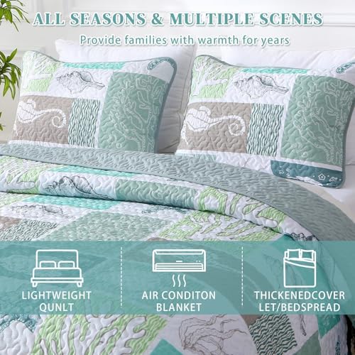 Heymybed Coastal Quilt Set Queen Size, Beach Coverlet Sage Green Starfish Coral Seashell Bedspread, Ocean Beach Themed Bed Cover, Microfiber Soft Lightweight Bedding Sets for All Seasons (96"×90") - Image 6