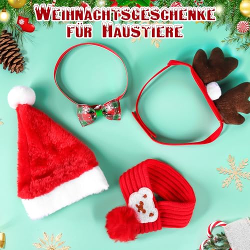 4 Stück Weihnachten Hundekostüm Haustier Weihnachtskostüm Accessoires Set für Hunde Katzen Rotes Weihnachtsmann Hut Hirschgeweih Stirnband Fliege Schal für Kleine Hunde Katzen Haustier