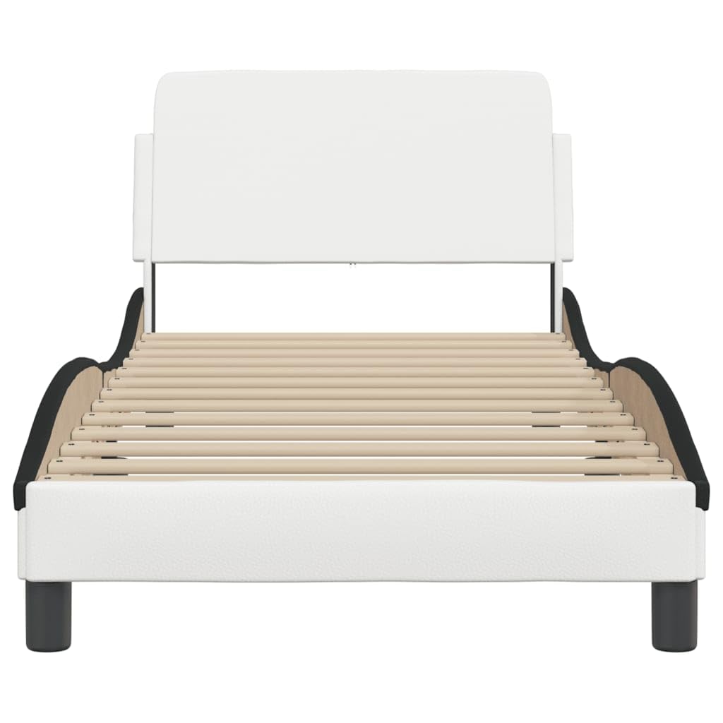 Bettgestell Dover, 90x200 cm, Kunstleder Weiß Schwarz, Wellenform, stabil, modernes Schlafzimmer Möbel, Platform Bettrahmen mit Kopfteil