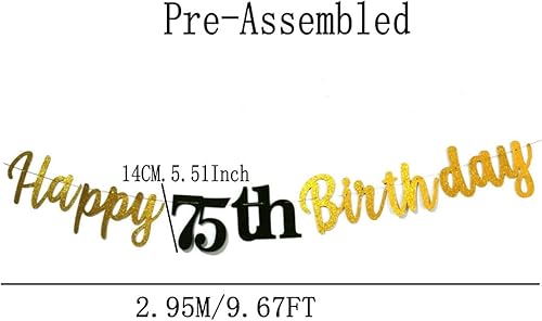 Miniatura 2 de Cartel de feliz cumpleaños 75 con purpurina, cartel de feliz cumpleaños 75 negro y dorado, suministros de decoración de fiesta de cumpleaños 75