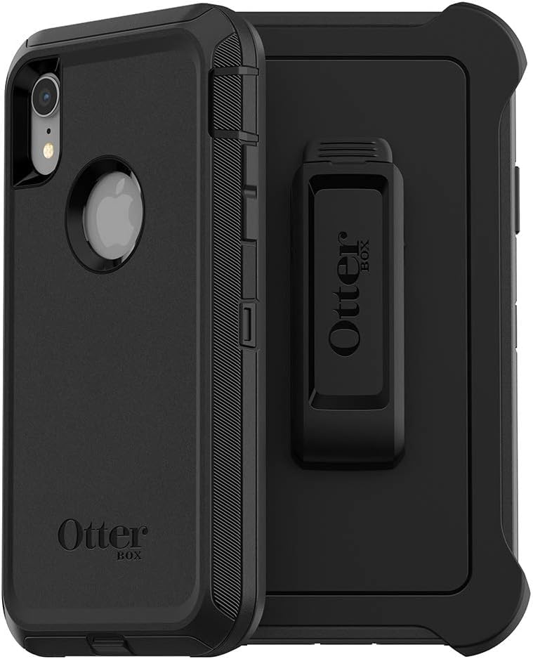 Coque iPhone XR OtterBox Defender noire antichoc avec clip de ceinture et protection de ports