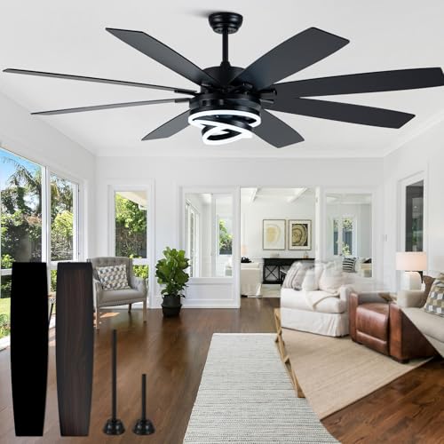 Curve Curio Black Ceiling Fans with Lights and Remote, 72 Inch Indoor/Outdoor Large Modern Ceiling Fan for Living Room Kitchen, Dimmable, 6 Speed Reversible DC Motor, Dual Finish