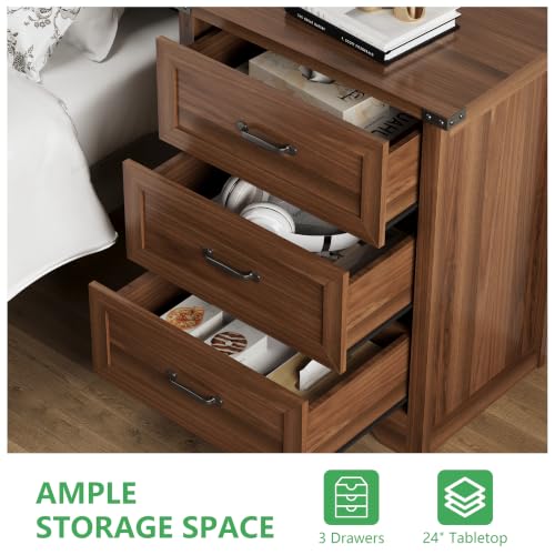 Image of Xixini Nightstand Set of 2 with 3 Storage Drawers, Tall Side Table, Walnut