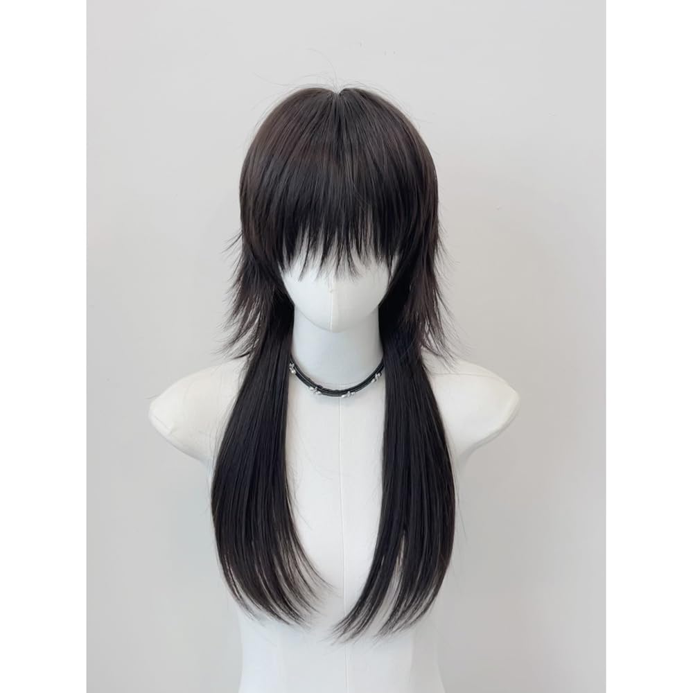 Brownish Black Jellyfish Head Wig Long Straight Hair with Bangs Synthetic Fiber Wig for Halloween Party