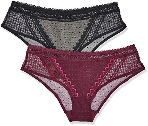Amazon-Marke: Iris & Lilly Damen Hipster aus Netzstoff, 2er-Pack, Mehrfarbig (Black/Claret), S, Label: S