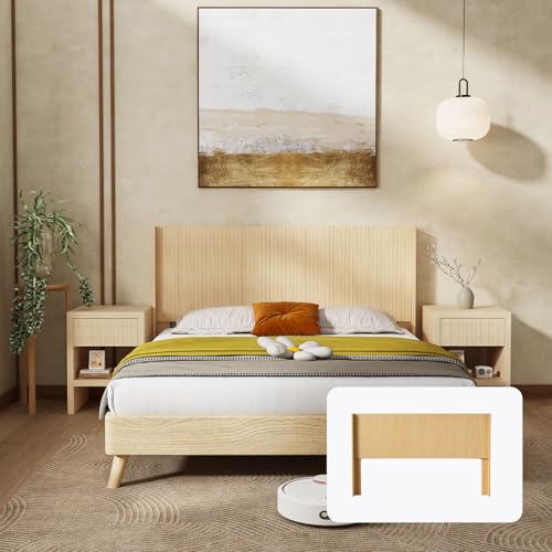Queen Size Wood Headboard Only, Boho Farmhouse Wall Mount Headboard with Fluted Panel & Wingback Design for Bedroom, Solid Wood Construction, Easy Installation (Light Natural, Queen)