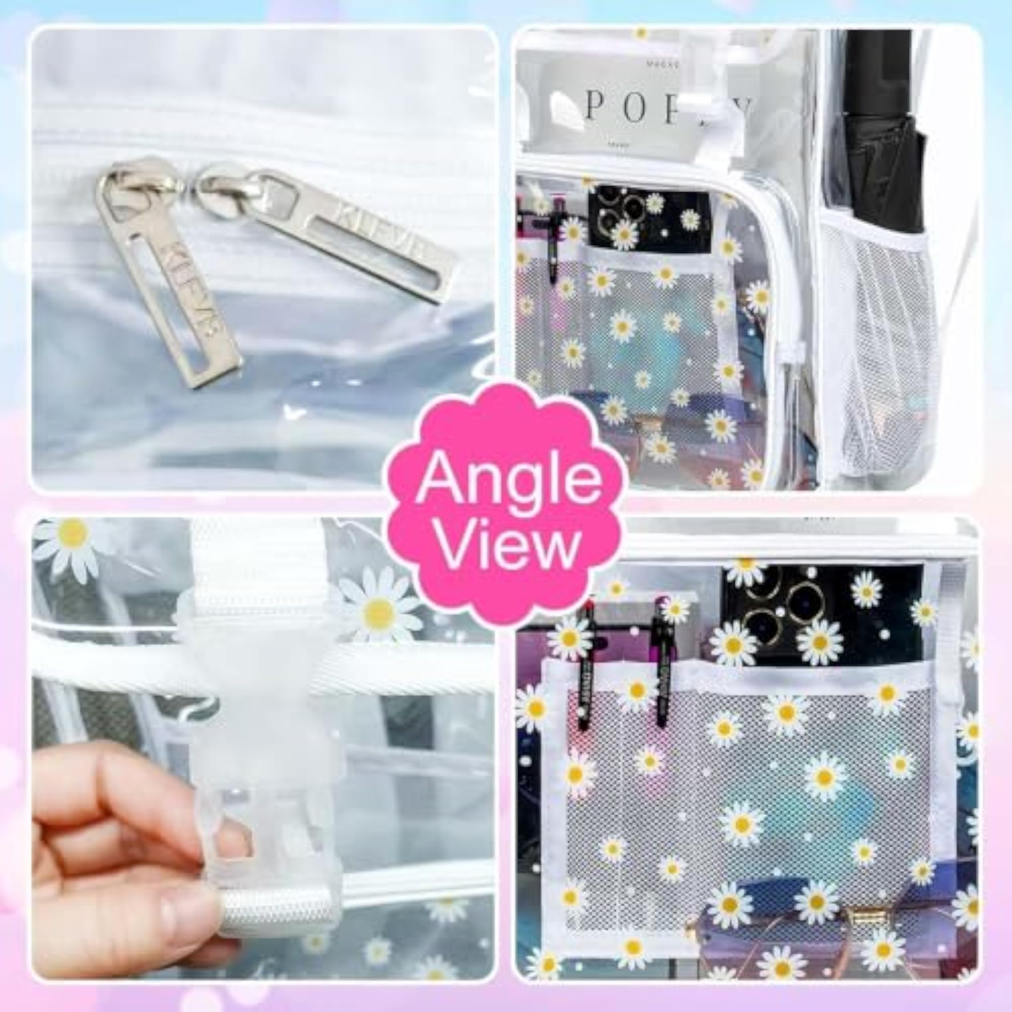 17" Clear Backpack 3Pcs Set for Girls, Floral/Sequin