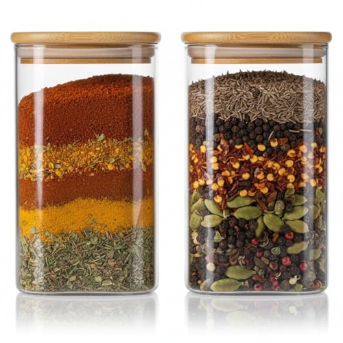 Image of ginoya brothers Airtight Borosilicate Glass Square Jar With Wooden Or Steel Lid Multi-Size, Container for Spices, Coffee, Grains, Snacks & Kitchen Organization (2, WOODEN LID, 420 ML)