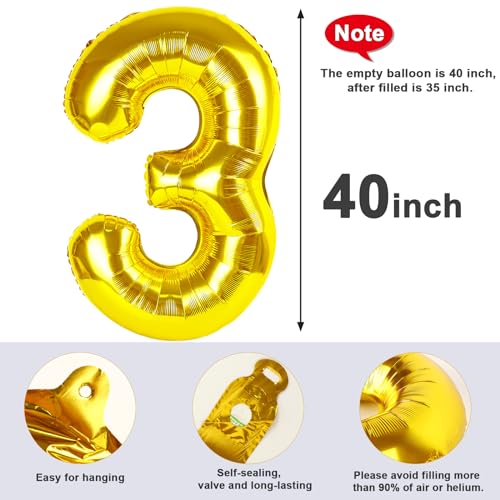 Image of 3 Balloon Numbers Birthday Decorations, 40In Gold Balloons for Men Women | Eye-catching Appearance, Perfect Decorative Centerpieces, Convenient Self-sealing Structure, Widely for Various Occasions