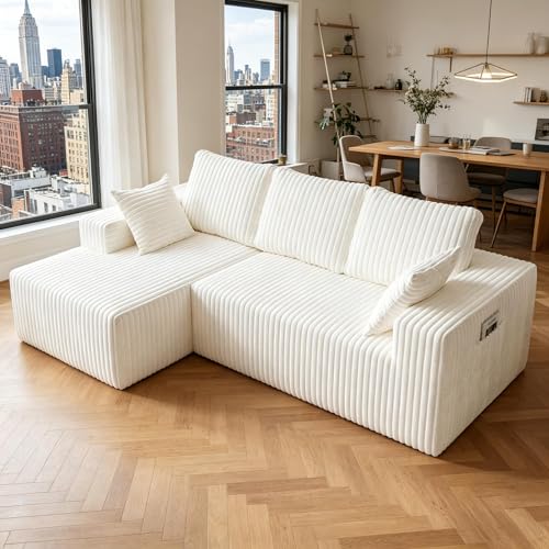 Image of 95 inch Modular Sectional Sofa - Memory Foam Sectional Couches with Deep Seat and Side Pockets，Modular Sofa Couches L-Shape Couch with Chaise, Boneless couches for living room(White, 95 inch+Left Chaise)
