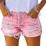Denim Shorts Women Mid Rise Ripped Stretchy Jeans Shorts with Pockets Trendy Frayed Raw Hem Casual Summer Short Pants