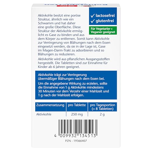 Doppelherz Kohletabletten pflanzlich - Aktivkohle trägt zur Verringerung übermäßiger Blähungen nach dem Essen bei - 30 Tabletten