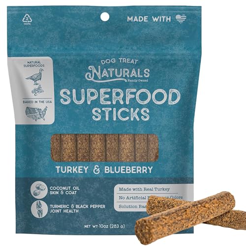 Dog Treat Naturals Superfood Sticks, Turkey & Blueberry, 10oz Bag | Dog Chew Sticks | All-Natural, Pet Training Treats | Joint-Skin-Coat Health | USA Made