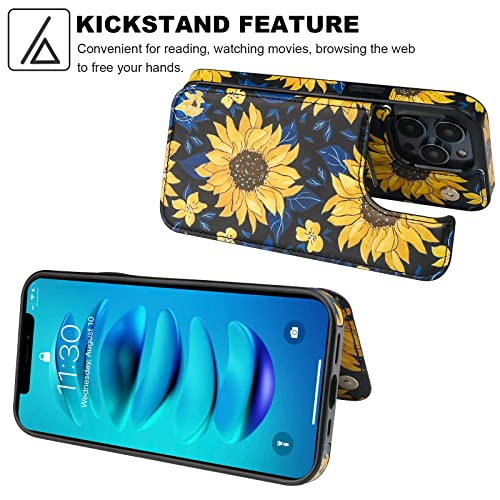Haopinsh For Iphone 14 Pro Wallet Case With Card Holder, Blooming Sunflowers Pattern Back Flip Folio Pu Leather Kickstand Card Slots Case For Women Girls, Double Magnetic Clasp Shockproof Cover 6.1" #TOP4