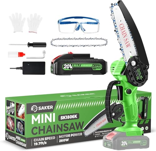 Image of Saker Mini Chainsaw 6 Inch Cordless Small Handheld Chain Saw Battery Powered,Portable Mini Electric Chainsaw for Trimmer Tree,Wood Cutting,Branch Pruning,Green 1 Battery