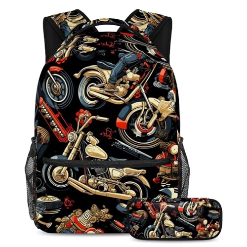 Lot de 2 sacs à dos de grande capacité avec motif moto vintage multicolore pour les étudiants