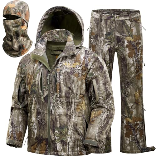 NEW VIEW Camo Hunting Clothes for Men, Quiet Warm Fleece Lining, Cold Weather Deer Hunting Jacket and Pants with Face Mask