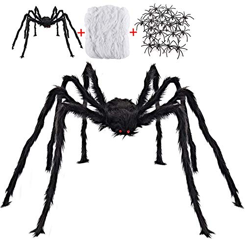 Halloween Decorations Outdoor with 6.6 Ft Giant Spider Scary Hairy Spider, 400sqft Fake Spider Web, 20 Black Plastic Spiders Props for Outside Indoor House Yard Halloween Decor Party Favor, 3 Pack