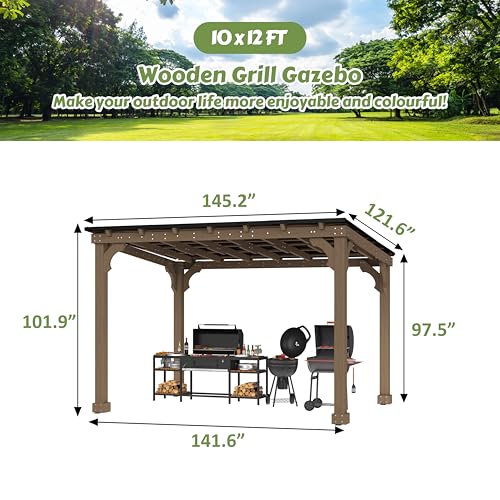 Image of BlueWish 10' x12' Cedar Wood Grill Gazebo with 5.5 inch Width Column, Grill Gazebo Shelter with Sturdy Structure, Wind-Resistant Patio Gazebo with Sloping Roof for Barbecue, Backyard, Light Mocha Brown