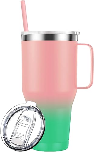 Vaso de café con asa. Taza de viaje aislada de 40 onzas con tapa y pajita. Vaso de café de acero inoxidable de doble pared a prueba de fugas.