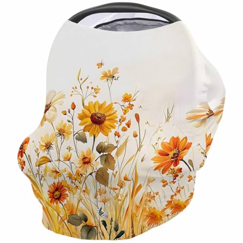 Retro Country Style Nursing Cover for Breastfeeding Scarf, Watercolor Orange Wildflowers Baby Car Covers Super Soft Multi Use for Canopy Shopping Cart Cover Blanket Stroller Cover