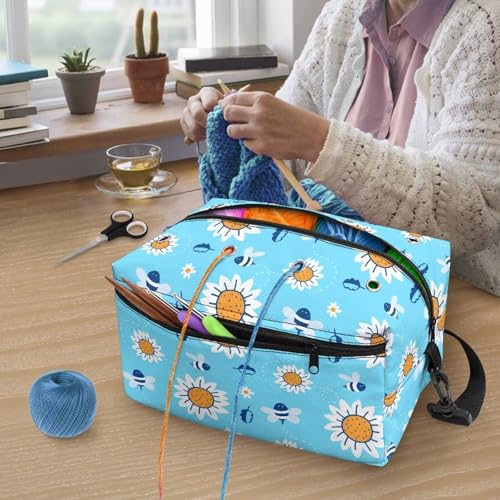 Image of Drnuikhe Bee Daisy Print Knitting Bag Yarn Storage Organizer Portable Knitting Bag Yarn Storage Organizer for Crochet Hooks