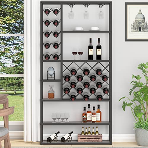 Launica Industrial Wine Rack Freestanding Floor, Farmhouse Tall Coffee Bar Cabinet With Storage, Wood Metal Stackable Bakers Rack, Modern Buffet Cabinet For Home Kitchen Dining Room, Light Grey Oak #TOP2