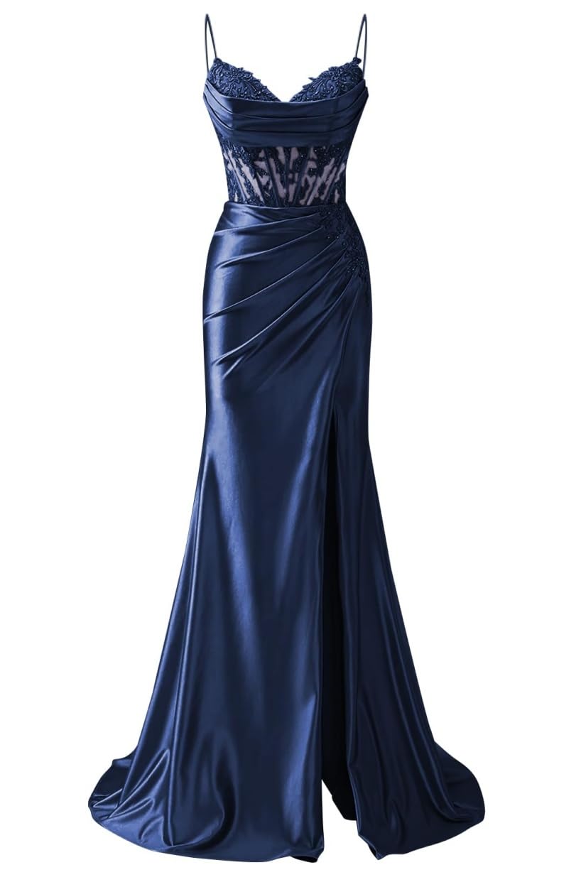 AHERKLL Spaghetti Straps Bridesmaid Dresses Lace Appliques Prom Dresses with Slit Formal Evening Party Maxi Gown AH171 Navy Blue UK6