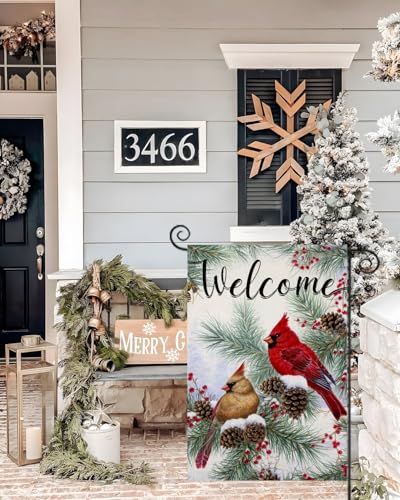 Ekorest 3-CHRIST-18 Welcome Winter Garden Flags For Outside Decoration, Cardinal Pine Twigs Berry Small Yard Flag, Seasonal Farmhouse Christams Xmas Holiday Outdoor Decor 12X18 Inch Vertical Double Sided thumb #1