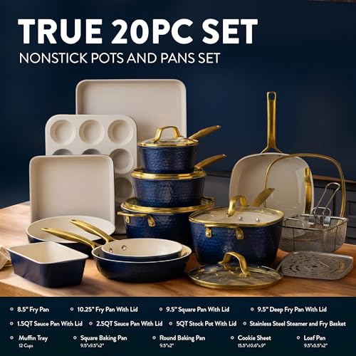 Image of GOTHAM STEEL HAMMERED 20 Pc Ceramic Cookware Set, Titanium & Diamond Coated