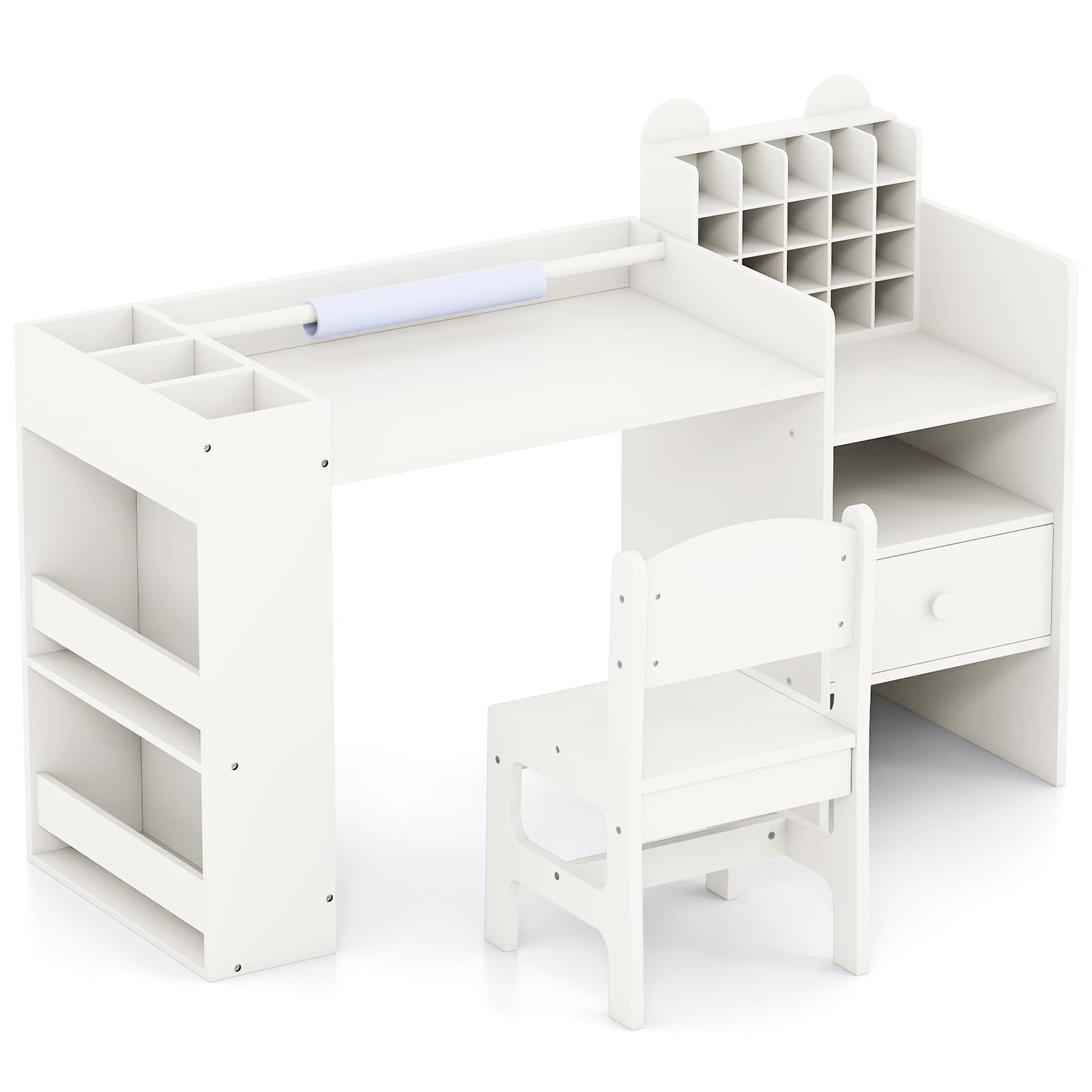 RELAX4LIFE Scrivania per Bambini, Set Tavolo e Sedia con Spazi per Riporre e Rotolo di Carta da Disegno Rimovibile, per Lettura e Disegno, Tavolo d'Arte per Soggiorno, Camera dei Bambini, Max 75KG