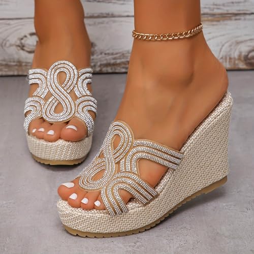 Summer New Fish Mouth Thick Soled Wedge Heeled Slippers For Women Retro Rhinestone Hollow Outer Wear Large Size ls And Slippers ls for Women Size 123