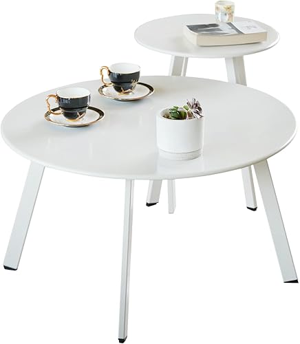 Juego de 2 mesas auxiliares de patio, resistentes a la intemperie, mesas auxiliares redondas para exteriores, mesas anidables para sala de estar,