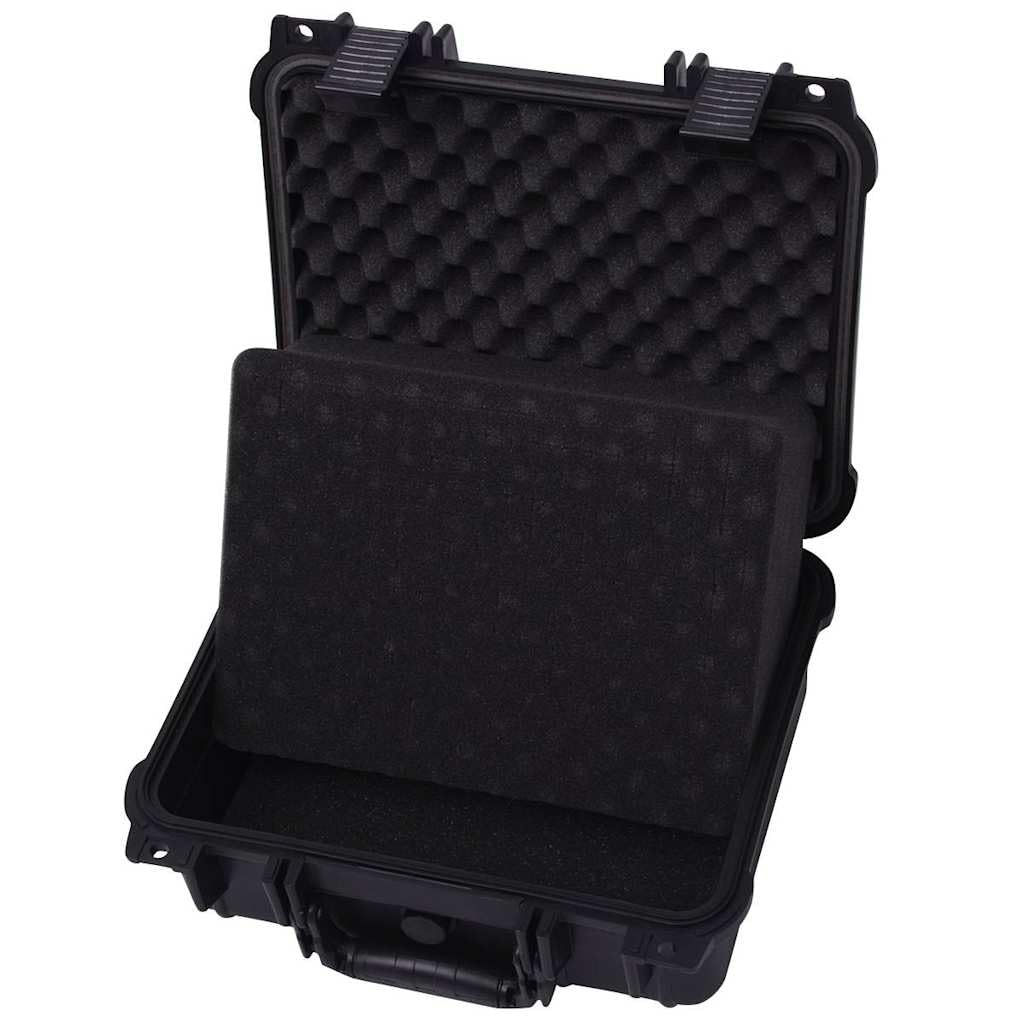 Maletín universal negro 35 x 29,5 x 15 cm, estuche rígido resistente a los golpes con junta tórica, válvula de compensación de presión, incluye inserto acolchado para cámara, objetivo
