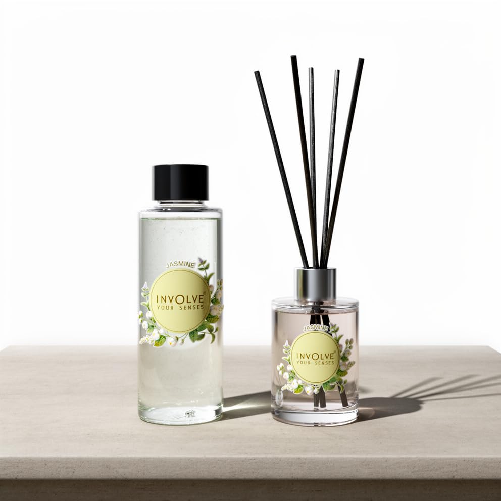 Image of Involve Jasmine Reed Diffuser Refill with Free 10 Reed Sticks - 120 ml | Long-Lasting Home Aroma Diffuser for Living Room, Bedroom & Gifting | Home Decor | Home Fragrance | Diffuser for Home