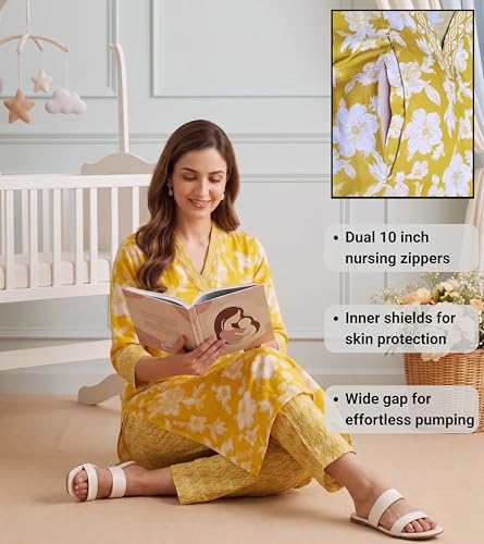 Image of DUMMY SHAPE Feeding Kurtis for Women Cotton Blend | Floral Kurta Pant Dupatta Set with Nursing Zippers to Pre & Post Partum | Maternity Dresses | Mom to Be Gifts for Pregnant Woman